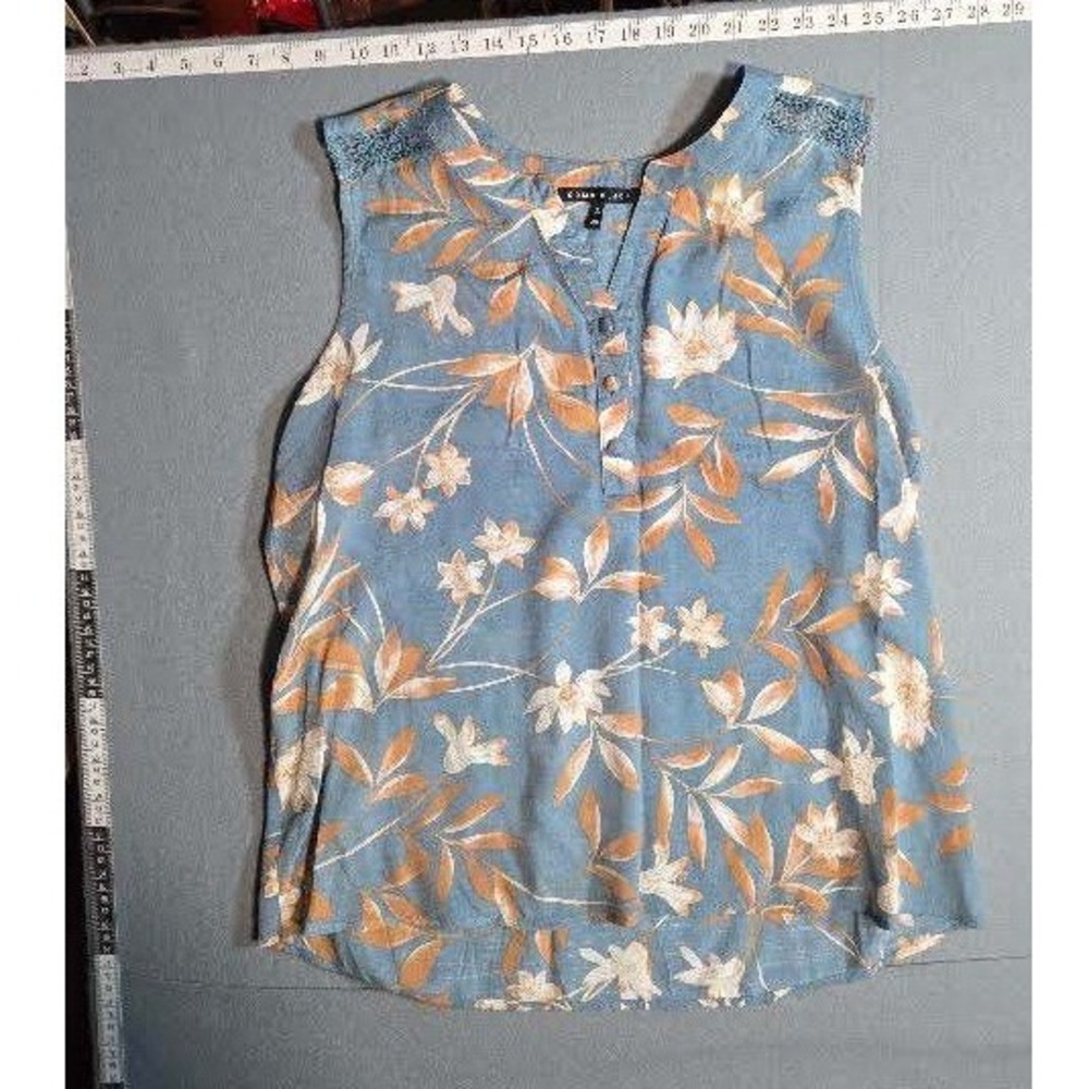 Como Black Women XL Blue Orange Floral Sleeveless Blouse Lace Shoulder Accent